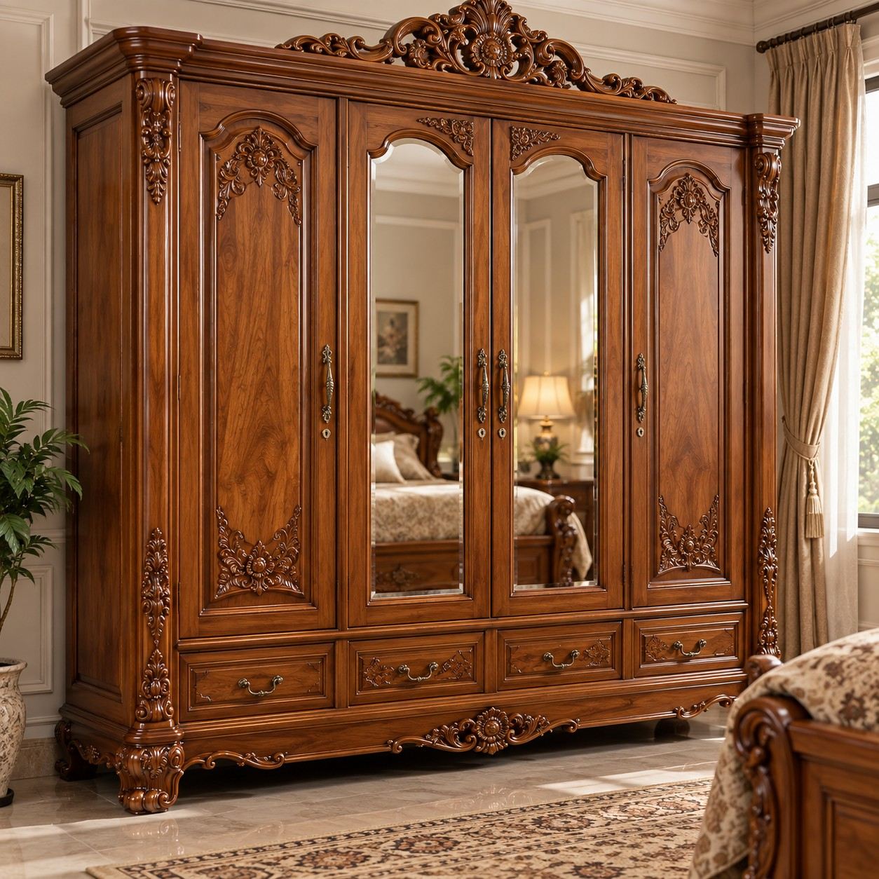 Classic Luxury Carved Teak Wardrobe